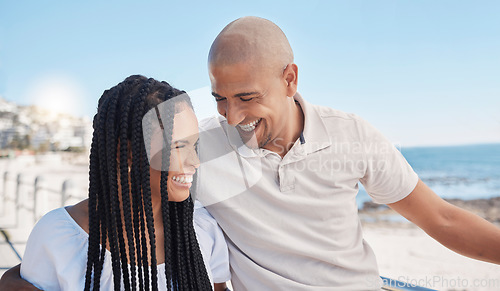 Image of Love, summer and couple at the beach happy to be on vacation, holiday and romantic weekend in nature. Travelling lifestyle, dating and young man and woman laughing, smile and relax by sea in Miami