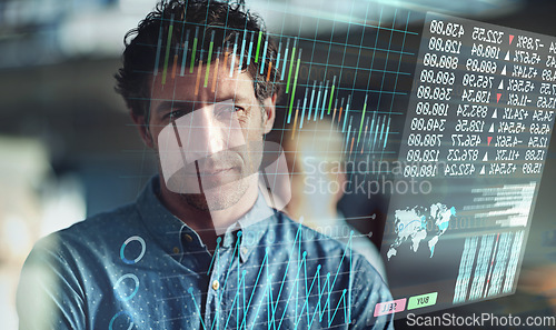 Image of Global economy, man or stock market overlay of financial forex trading, crypto finance or future data. Business trader, face and thinking of holographic investment, data analysis or digital analytics