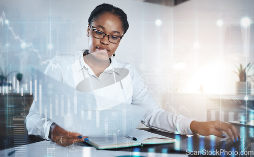 Image of Stock trading, hologram and black woman with finance documents for review, report and data analytics. Futuristic, cryptocurrency and female worker with digital graph, notebook and planning in fintech