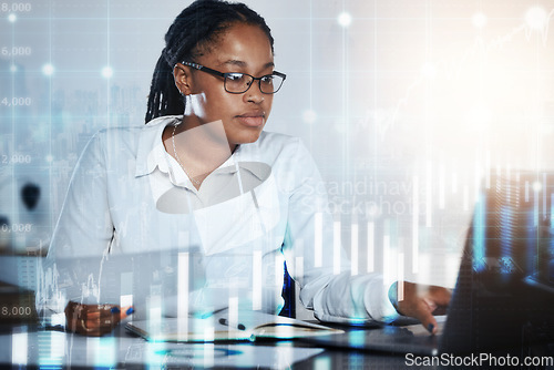 Image of Economy, woman and laptop with stock market overlay of financial forex trading, crypto finance and data. Black female trader, accountant and holographic investment, budget review and online analytics