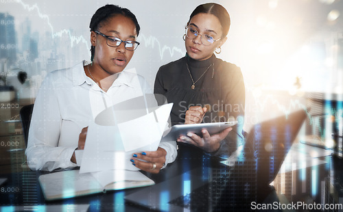 Image of Business women, tablet and stock market report, hologram and forex data analysis, growth or accounting. Female workers trading, documents and digital technology for fintech investment, erp or finance