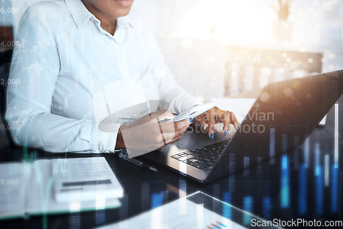 Image of Finance graphs, stock market and black woman with phone, working online and typing on laptop with documents. Accounting, stock trading and smartphone in hands for cryptocurrency and internet banking