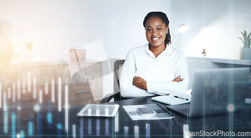 Image of Woman, arms crossed or futuristic finance chart in investment office, insurance company or stock market trading. Portrait, happy smile or financial worker on 3d abstract data, technology or documents