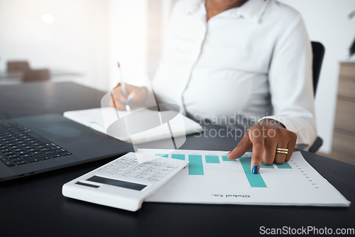 Image of Business woman, hands and financial planning with graphs, documents and finance calculator in office. Closeup, data analysis and economy research of budget savings, kpi review or accounting analytics