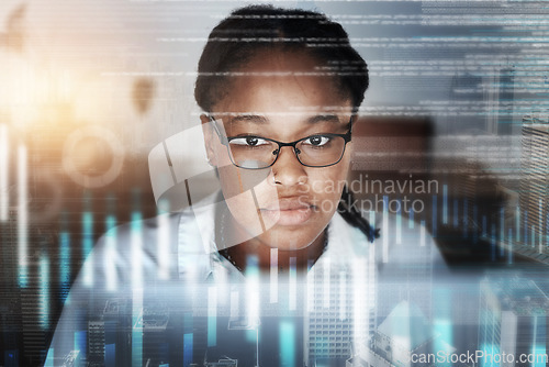 Image of Stock market, graph and black woman doing research for finance, cryptocurrency and trading investment. Stock trading, cyber network and face of entrepreneur working on screen with financial hologram