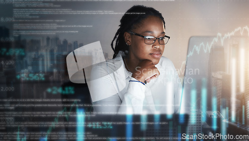 Image of Data, hologram and black woman doing research on laptop for fintech, cryptocurrency and stock trading online. Futuristic technology, cyber network and female worker with finance chart for business