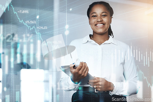 Image of Black woman, tablet and stock market trading, hologram and forex data, growth and business accounting. Portrait of happy female trader, digital technology and investment of future economy on fintech