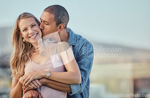 Image of Couple, hug and kiss for love, care or compassion in happy relationship, bonding or free time on mockup. Woman smiling with man kissing cheek and hugging in romantic quality bonding together outside