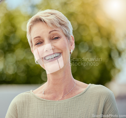 Image of Senior woman, face and smile outdoor in retirement, environment and freedom in nature in Australia. Portrait, headshot and happy grandma in park for easy lifestyle, healthy mindset or dental wellness