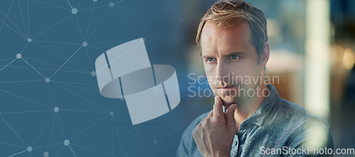 Image of Businessman, face or thinking of financial growth, global company investment or insurance strategy planning and 3d pattern. Finance worker, employee or trader and cloud abstract, vision or innovation