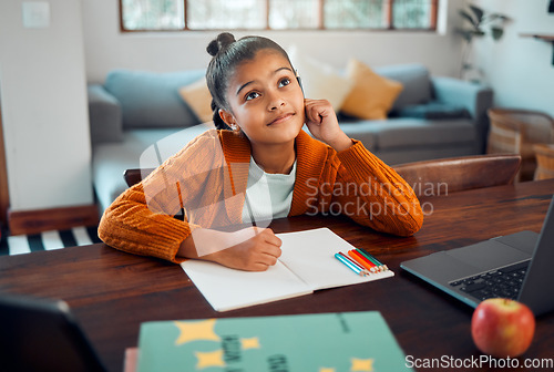 Image of Education, writing or girl in a house thinking of solutions, learning math problem solving or child development. Ideas, child or young Indian school student busy with homework assessment in notebook