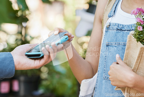 Image of Customer, shopping and credit card for flowers at florist shop for payment with POS machine for sale at small business. Hands of woman paying with rfid technology for flower plant at retail store