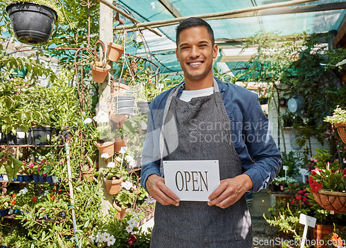 Image of Farmer portrait, plant supermarket and open sign ready for business, agriculture store and small business manager smile. Asian man, retail happiness and nature farm, ecology farming or gardening