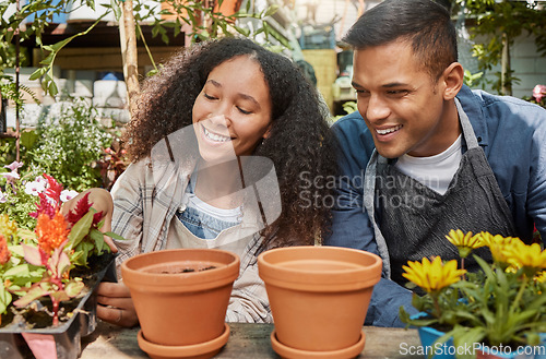 Image of Gardening, flowers and couple working on plants in garden, outdoor nursery and sustainable greenhouse for boutique store. Spring growth, flowers bloom and growing in nature for sustainability florist
