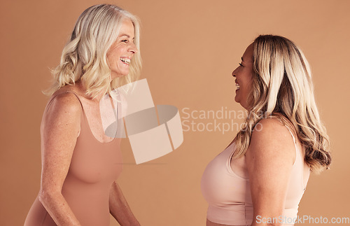 Image of Beauty, underwear and senior women friends in studio on brown background mockup. Skincare, cosmetics and elderly body positive females with healthy skin, laughing or smiling after antiaging treatment