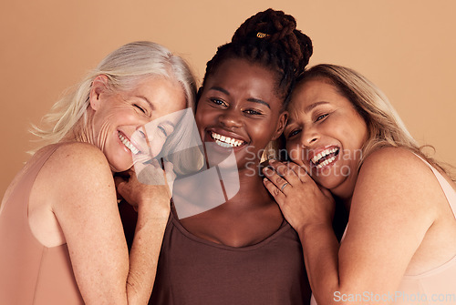 Image of Beauty, diversity and portrait of women with self love, happy and positive mindset in studio. Support, feminism and group of friends with woman empowerment, pride and community by brown background.