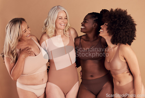 Image of Body, different and diversity with underwear, women with fitness and beauty, equality and inclusivity with body positive and empowerment. Happy, age and wellness with motivation, health and skin.