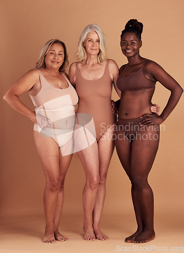 Image of Body positive, support and portrait of diversity women happy with self love, natural beauty and confidence in shape size. Woman empowerment, solidarity and group of model girl friends with lingerie