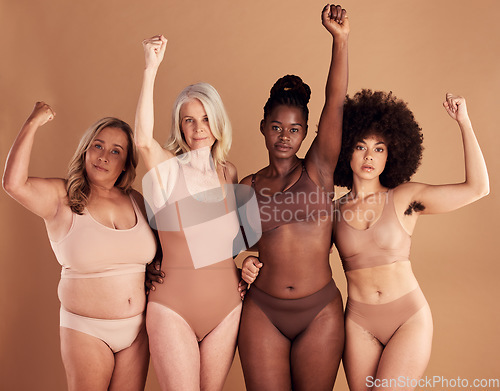 Image of Power, portrait and women in studio for beauty, natural and different, proud and body positivity on brown background. Face, friends and acceptance by inclusive group support, community and self love