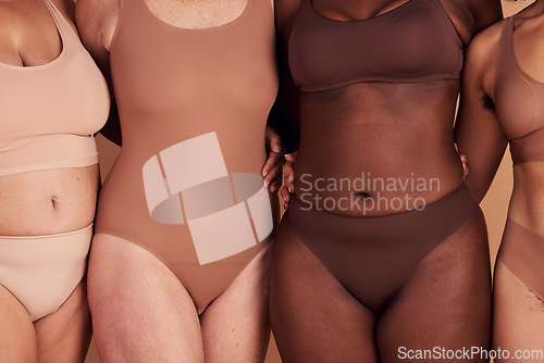 Image of Diversity, women and skincare for body positivity, inclusivity and on brown studio background. Health females, freedom and multiracial ladies with confidence, wellness and healthy with empowerment.