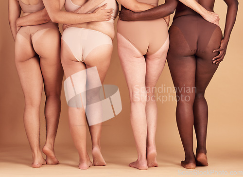 Image of Women group, lingerie and butt in studio for wellness, fashion and diversity with plus size in unity. Back, bum and woman model team with solidarity, body positive or health for beauty by background