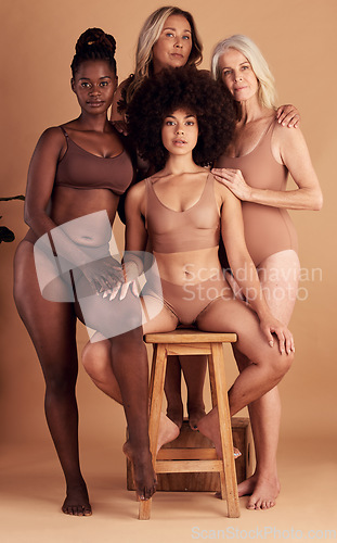 Image of Beauty, diversity and portrait of body positive women, girl friends and senior woman relax together on studio background. Group solidarity, empowerment and confident lingerie people with self love