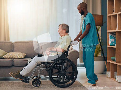 Image of Black man, senior or wheelchair help in nursing home or retirement house in surgery rehabilitation, physiotherapy or healthcare trust. Nurse, medical worker or caregiver or disability elderly patient