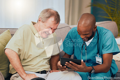 Image of Elderly man, retirement and healthcare with nurse at nursing home, comedy and tablet, communication and laughing with technology. Caregiver, wellness and health with senior care, support and help.