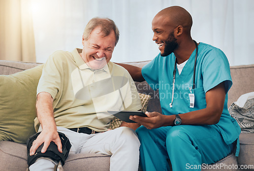 Image of Rehabilitation, knee pain and man and nurse with tablet for recovery results, patient report and scan at home. Healthcare, support and happy medical worker with senior man laughing in consultation