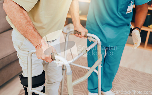 Image of Physiotherapy, walker and help with old man and nurse for disability, help and support in rehabilitation. Retirement, healthcare and physical therapy with caregiver and senior patient in nursing home