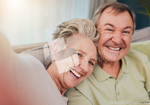 Image of Happy, love and selfie with old couple on sofa for relax, support or bonding with quality time. Retirement, marriage and smile with portrait of man and woman in living room at home for care affection