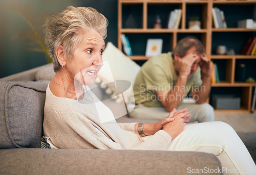 Image of Counseling, senior couple and psychology consultation with therapist for advice, help and support. Old woman talking to psychologist, therapy and consulting for marriage divorce with frustrated man