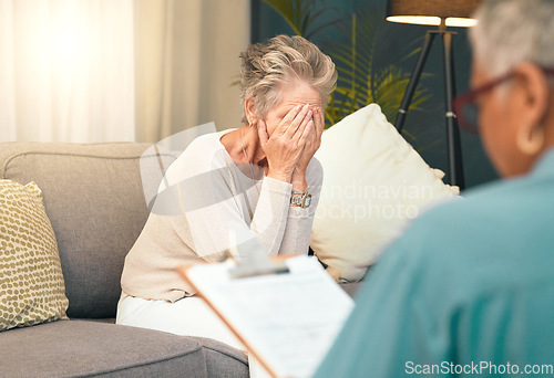 Image of Crying, sad or old woman in counseling with a psychologist for depression, burnout or mental health problems. Checklist, consulting or depressed senior lady frustrated with anxiety stress in therapy