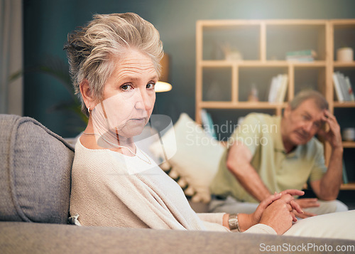 Image of Stress, anxiety and senior couple in therapy on sofa for marriage counseling and senior care. Portrait of angry old woman, mental health care and relationship advice or support for divorce burnout.