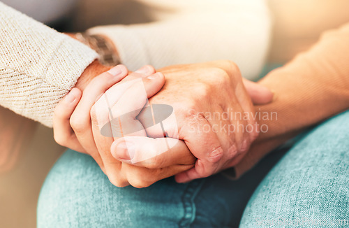 Image of Support, trust and hands, senior care in therapy or grief counseling session. Love, care and understanding between elderly and and caregiver. Hope, empathy and help in time of need for mental health.