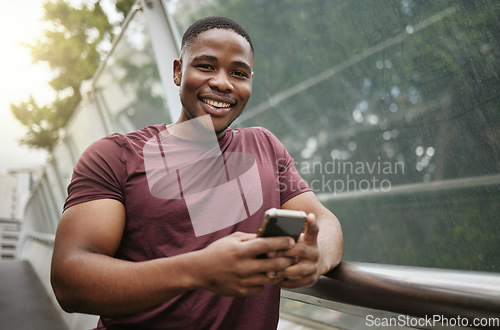 Image of Smartphone, fitness and black man in portrait for wellness website, blog tips update or social media networking his workout results. Sports runner or athlete man using phone or cellphone in city park