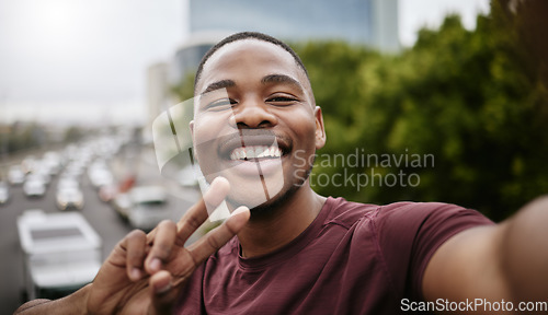 Image of Man, face or peace sign on fitness selfie in city workout, training or exercise success for Nigerian wellness, marathon or sports. Portrait, smile or happy runner in photography pov or hand gesture