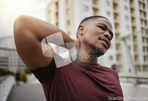 Image of Black man, fitness or neck pain in city workout, training or exercise is muscle burnout, tension stress or body crisis. Runner, sports athlete or personal trainer with injury or running marathon risk