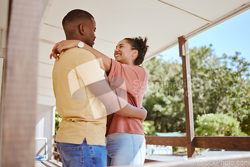 Image of Relax, love and black couple on patio in home enjoying summer holiday, vacation and free time on weekend. Garden, affection and happy man and woman hug for bonding, quality time and loving embrace