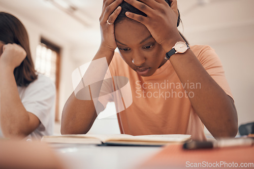 Image of Exam stress, studying and student reading, classroom learning and headache from education. Anxiety, books and African girl with fear of fail on a test, adhd problem and frustrated with school