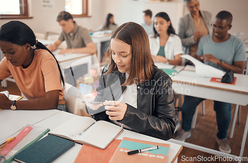 Image of Education, phone and student texting in a classroom, social media and internet addiction with hologram. School, girl and smartphone with double exposure in a class, distracted, reading and online