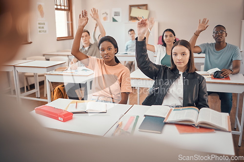 Image of Classroom, education question or students hands for exam learning questions, university help or college people study for assessment. Hand sign, school or teenager group for teaching or scholarship