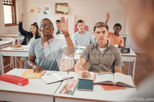 Image of Classroom, knowledge question and students hands with exam learning problem, education fail or language teacher assessment. Hand sign, school and youth or teenager group in teaching course for a test