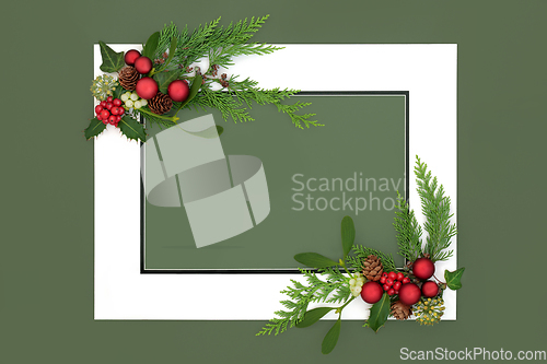 Image of Christmas Background Frame with Winter Holly and Fauna