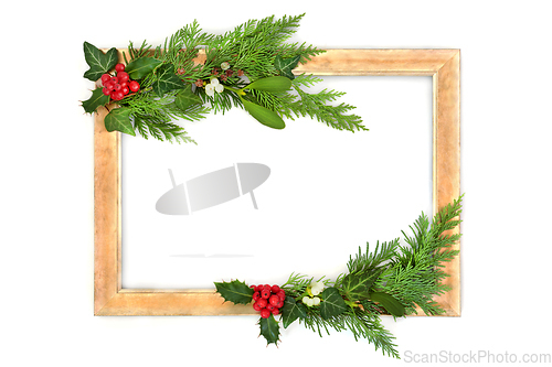 Image of Christmas Traditional Winter Greenery Background Frame