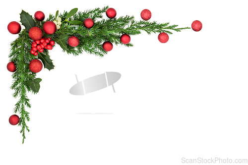 Image of Christmas Minimal Background Frame with Red Decorations and Flor
