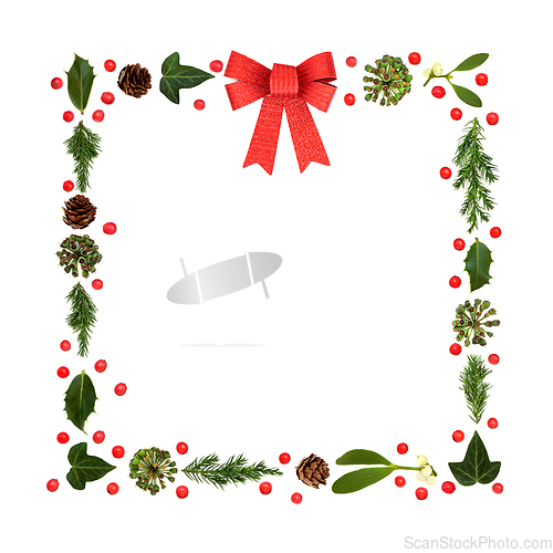 Image of Christmas Greenery Red Bow and Winter Holly Berry  