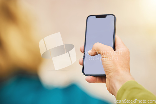 Image of Hand, phone and mockup for social media, advertising or marketing in texting, chatting or communication. Hands of user on smartphone technology mock up screen display for mobile app or networking