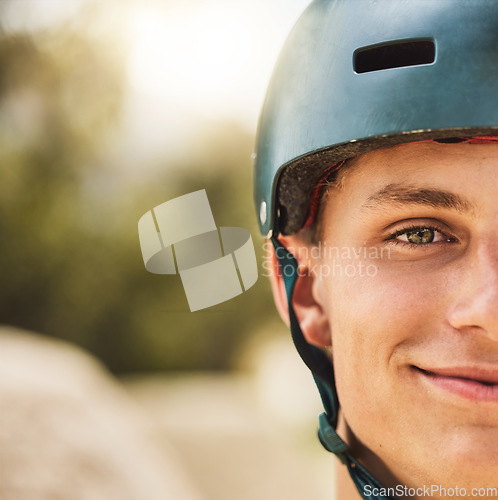 Image of Closeup portrait, cycling helmet and smile for man at mountain bike park, competition or contest. Happy cyclist, face zoom and safety for bicycle race, extreme sports and focus on vision for winning