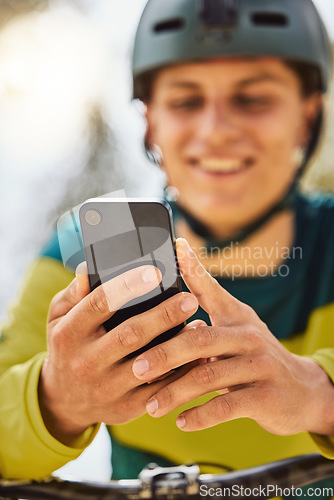 Image of Cycling, bike and man with phone outdoor, texting or on social media. Sports, bicycle and male cyclist on break after training with 5g mobile smartphone for networking, internet browsing or messaging